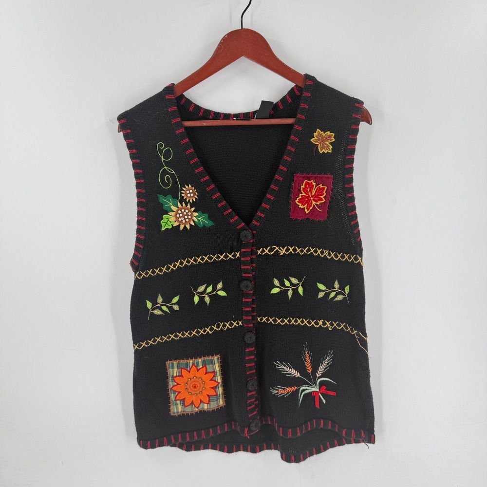 Vintage Fall Leaves Knit Vest Black Large Embroidered Sunflowers Harvest Acorns